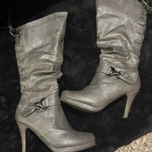 TOP Moda Gray Slouchy Mid-Calf High-Heel Boots with Side Lace and Buckle